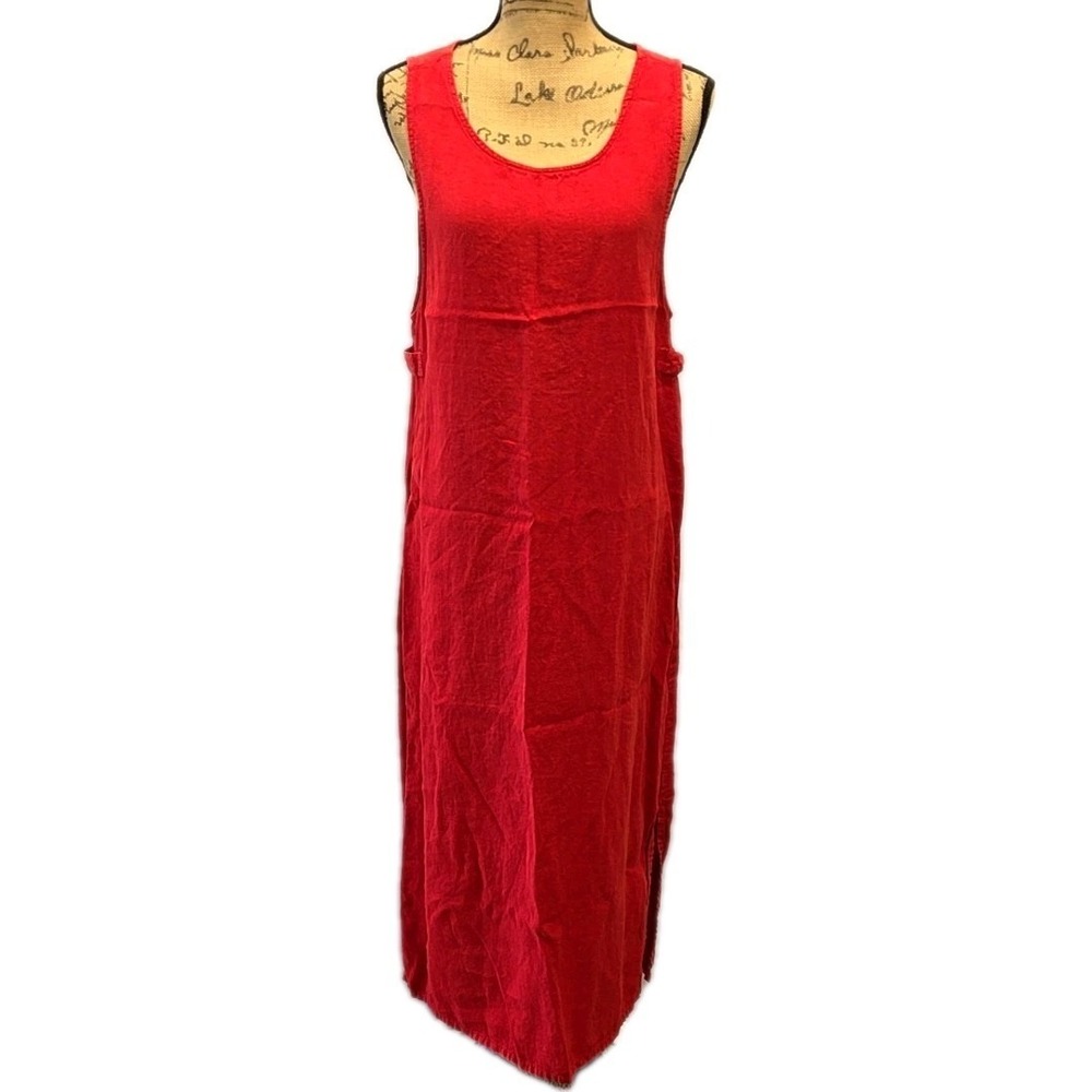 Vintage Russ Berens Red Linen Tank Maxi Dress Minimalist Made USA sz M Lagenlook